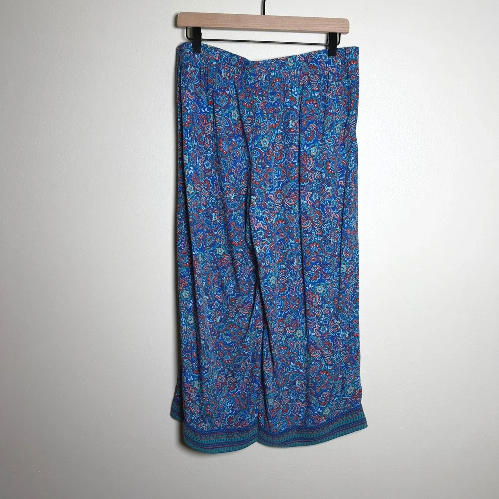 J. Jill Women 100% Rayon Pants M Petite Blue Paisley Floral Elastic Resort Boho
